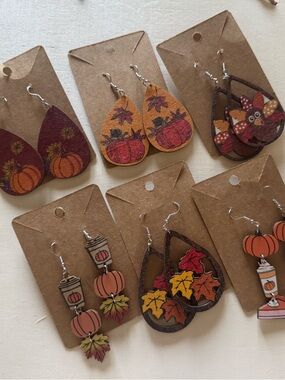 Bundle of Fall Pumpkin & Leaf Wood Earrings - Autumn Colors